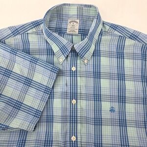 Brooks Brothers 1818 Regent Shirt Mens XL Blue Teal Plaid Non-Iron Short Sleeve